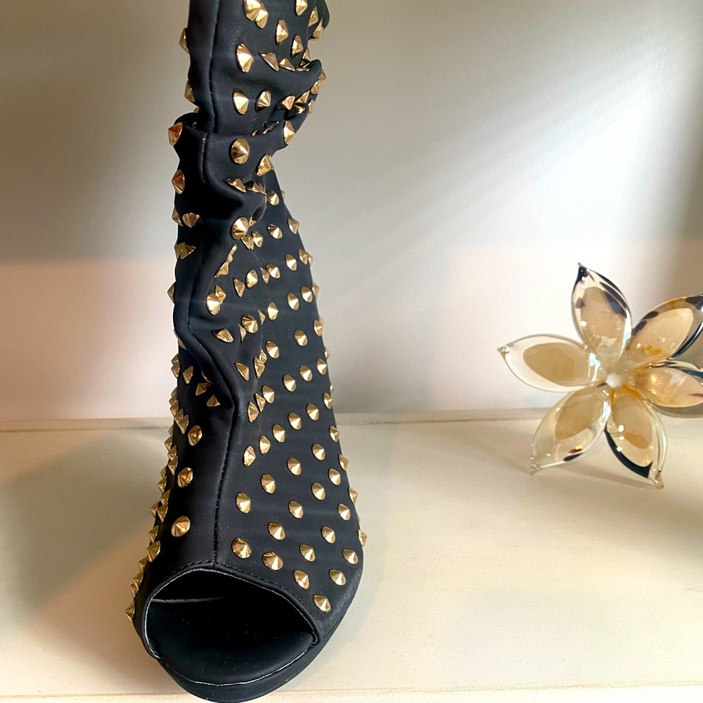 Brand New Gold Studded Open Toe High Heeled Booties